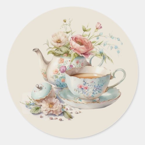 Cute Watercolor Teapot with Floral Bouquet Classic Classic Round Sticker