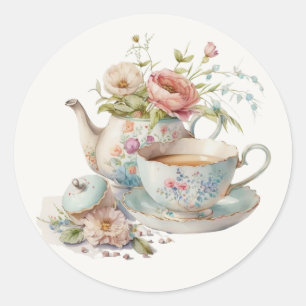 Cute Watercolor Teapot with Floral Bouquet Classic Round Sticker