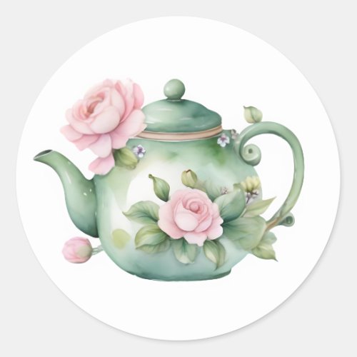 Cute Watercolor Teapot with Pink Peonies Classic Classic Round Sticker