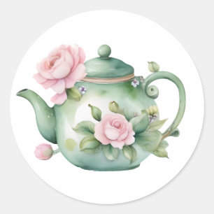 Cute Watercolor Teapot with Pink Peonies Classic Round Sticker