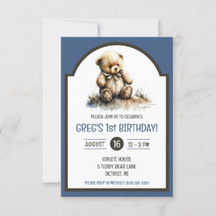 Cute Watercolor Tedd Bear Birthday Party Invitation