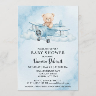 Cute Watercolor Teddy Bear Airplane Baby Shower Invitation