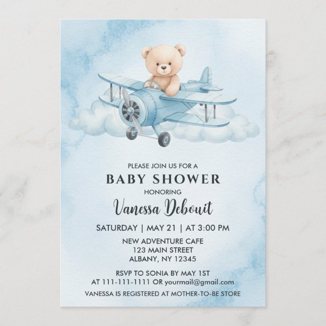 Cute Watercolor Teddy Bear Airplane Baby Shower Invitation (Front)