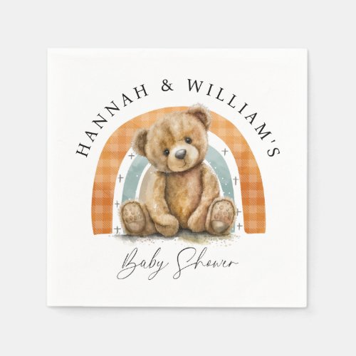 Cute Watercolor Teddy Bear And Rainbow Baby Shower Napkins