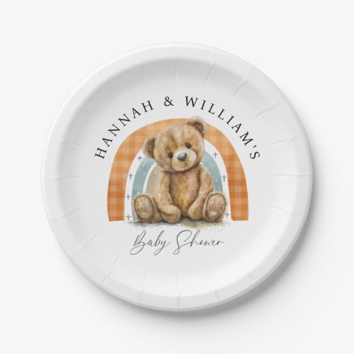 Cute Watercolor Teddy Bear And Rainbow Baby Shower Paper Plates