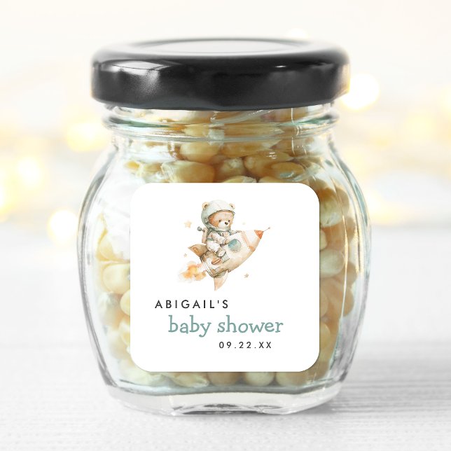 Cute Watercolor Teddy Bear Astronaut Baby Shower Square Sticker (Creator Uploaded)