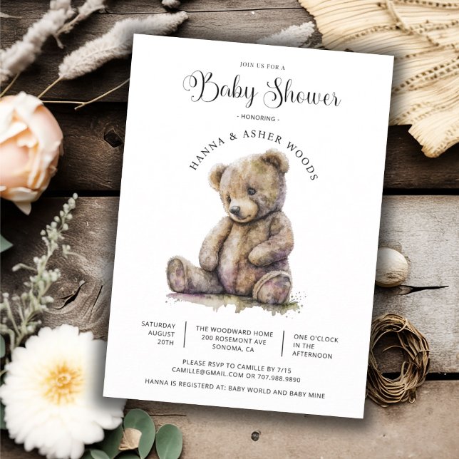 Cute Watercolor Teddy Bear Baby Shower Invitation (Creator Uploaded)