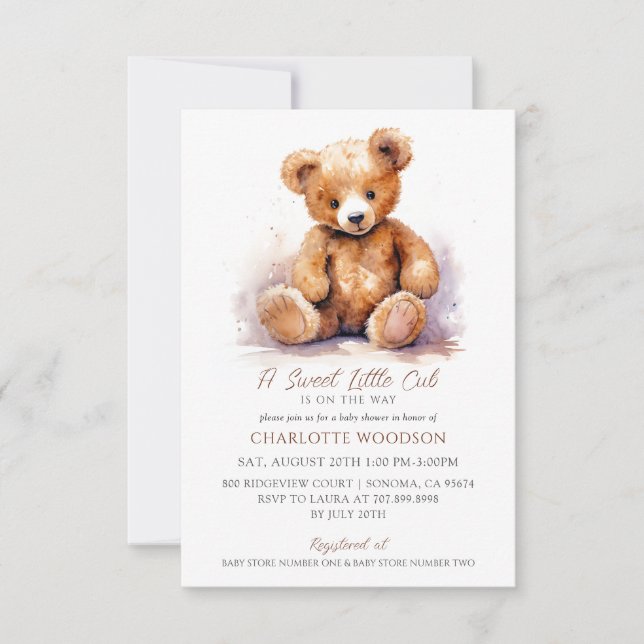 Cute Watercolor Teddy Bear Baby Shower Invitation (Front)