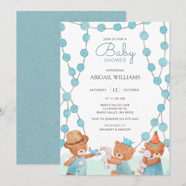 Cute Watercolor Teddy Bear Baby Shower Invitation (Front/Back)