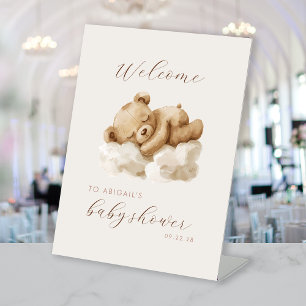 Cute Watercolor Teddy Bear Baby Shower Welcome Pedestal Sign