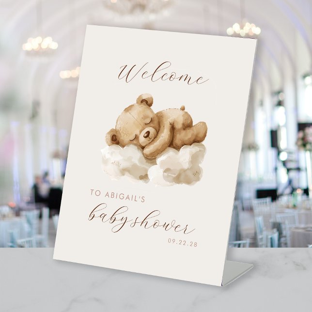 Cute Watercolor Teddy Bear Baby Shower Welcome Pedestal Sign (Creator Uploaded)