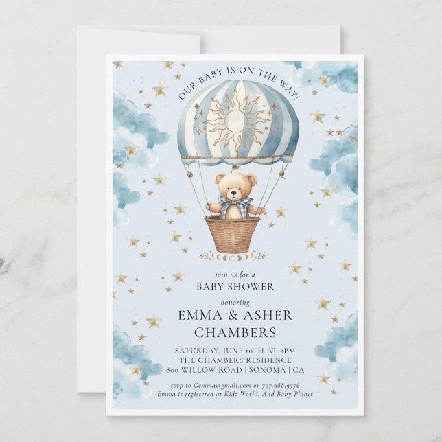 Cute Watercolor Teddy Bear Ballon Blue Baby Shower Invitation (Front)