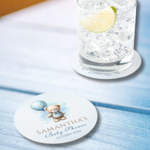 Cute Watercolor Teddy Bear Balloon Baby Shower Round Paper Coaster