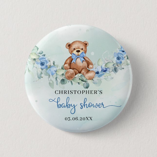 Cute watercolor teddy bear blue flowers eucalyptus button (Front)