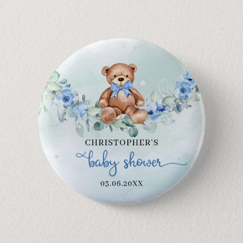 Cute watercolor teddy bear blue flowers eucalyptus button