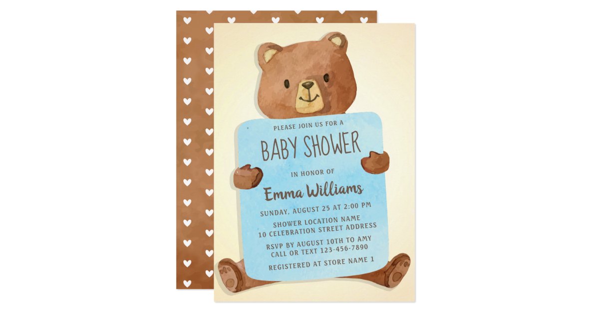 Cute Watercolor Teddy Bear Boy Baby Shower Invitation