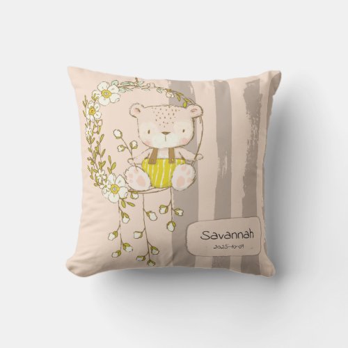 Cute Watercolor Teddy Bear Flowers Swing Soft Pink Throw Pillow
