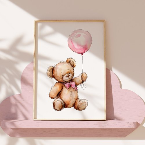 Cute Watercolor Teddy Bear Girls Nursery Art Poster