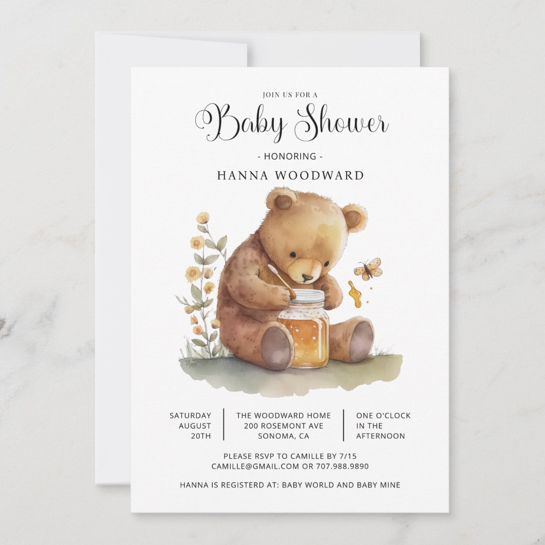 Cute Watercolor Teddy Bear Honey Pot Baby Shower                    Invitation