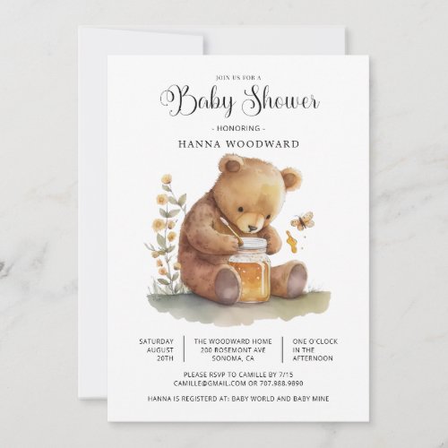 Cute Watercolor Teddy Bear Honey Pot Baby Shower Invitation