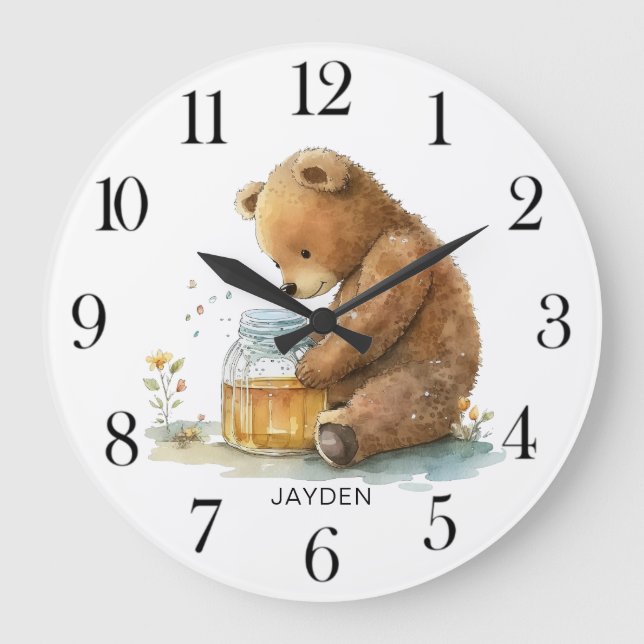 Cute Watercolor Teddy Bear Honey Pot Personalized Large Clock (Front)