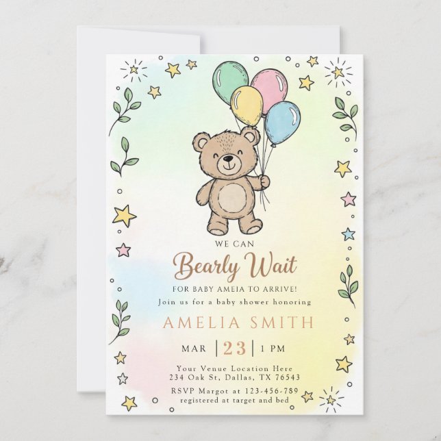 Cute Watercolor Teddy bear Illustration babyshower Invitation (Front)