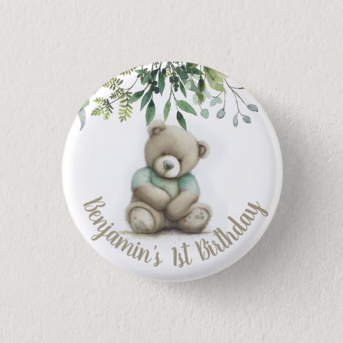 Cute Watercolor Teddy Bear Leaves Any Age Birthday Button