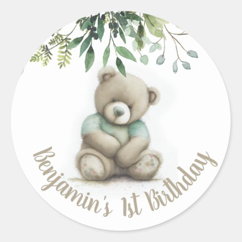 Cute Watercolor Teddy Bear Leaves Any Age Birthday Classic Round Sticker