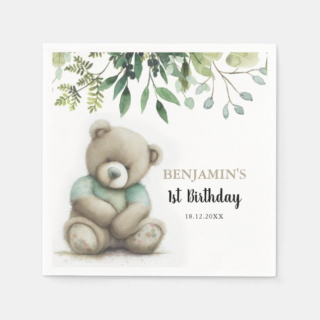 Cute Watercolor Teddy Bear Leaves Any Age Birthday Napkins (Front)