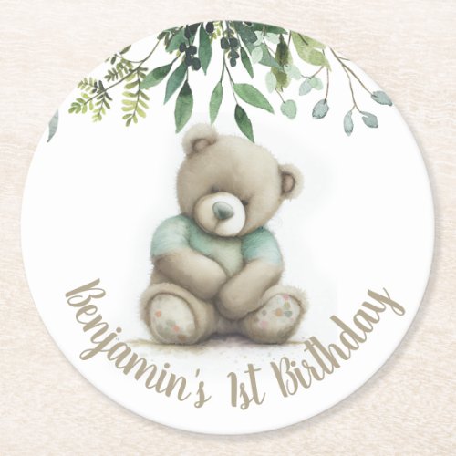 Cute Watercolor Teddy Bear Leaves Any Age Birthday Round Paper Coaster