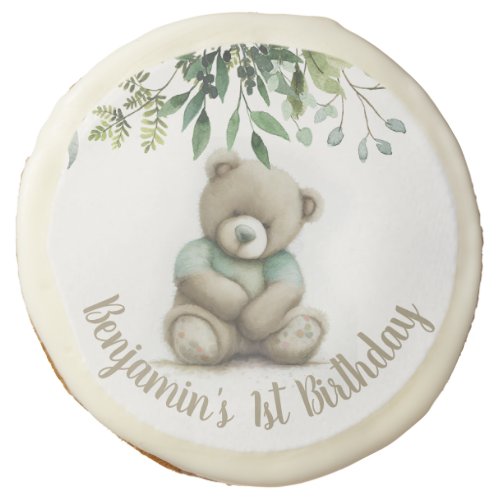 Cute Watercolor Teddy Bear Leaves Any Age Birthday Sugar Cookie