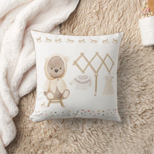 Cute Watercolor Teddy Bear Nursery Decor Throw Pillow