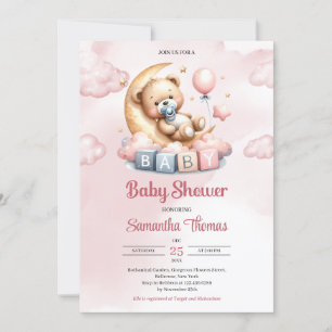 Cute watercolor teddy bear over the moon invitation