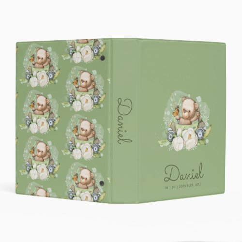 Cute Watercolor Teddy Bear Personalized Baby Green Mini Binder