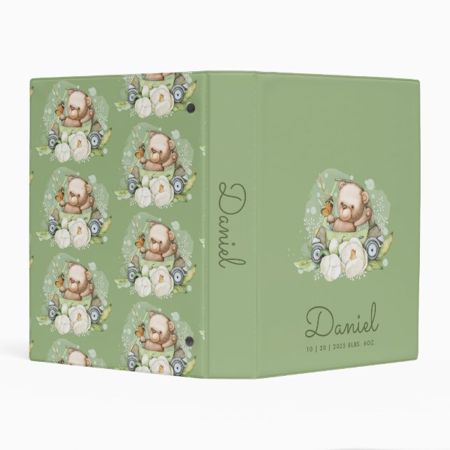 Cute Watercolor Teddy Bear Personalized Baby Green Mini Binder (Background)