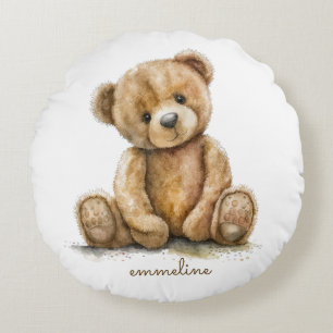 Cute Watercolor Teddy Bear Personalized Round Pillow