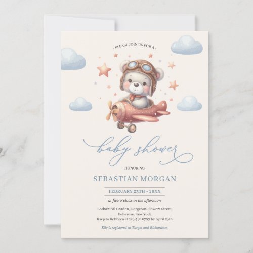 Cute watercolor teddy bear pilot copper airplane  invitation