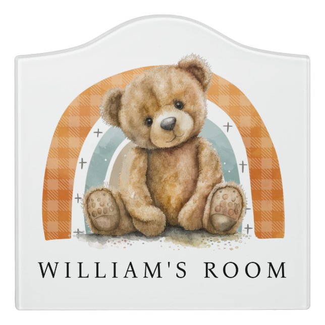 Cute Watercolor Teddy Bear Rainbow Nursery Sign (Large Crest Front)