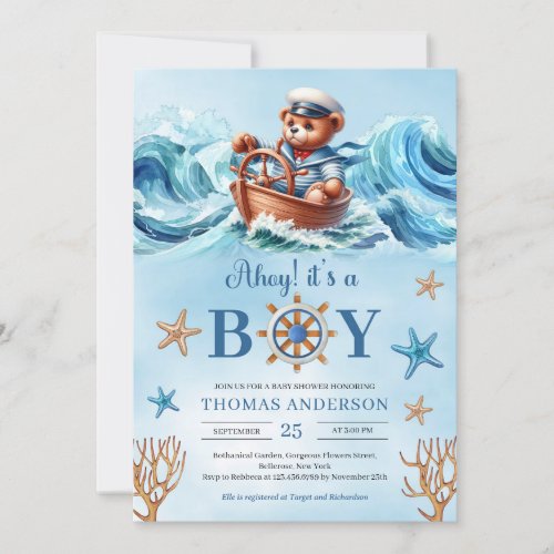 Cute watercolor teddy bear sailor Ahoy Its A Boy  Invitation