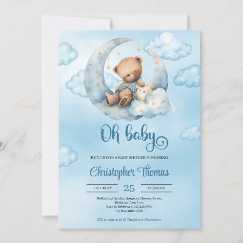 Cute Watercolor teddy bear sleeping over the moon Invitation