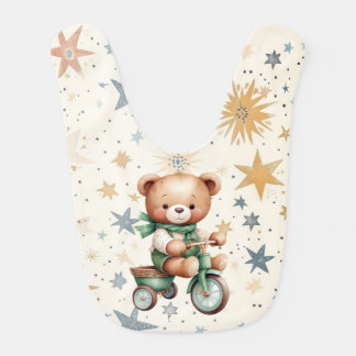 Cute Watercolor Teddy Bear Stars Green Bike Baby Bib