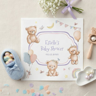 Cute Watercolor Teddy Bear Stars Moon Baby Shower Napkins