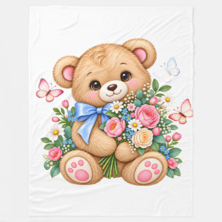 Cute Watercolor Teddy Bear with Flowers Clipart | Fleece Blanket