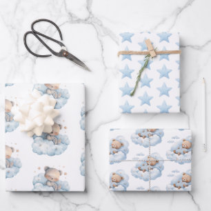 Cute Watercolor Teddy Bears and Stars Wrapping Paper Sheets