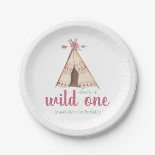 Cute Watercolor Teepee Boho 1st Birthday Paper Plates