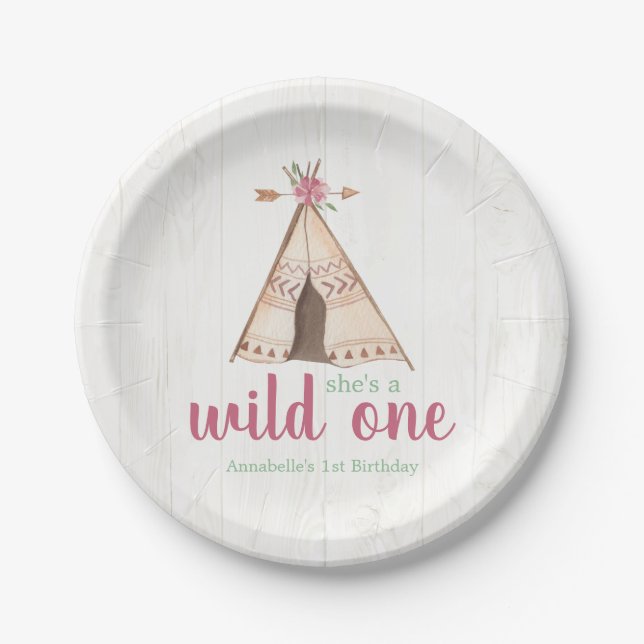 Cute Watercolor Teepee Boho 1st Birthday Paper Plates (Front)