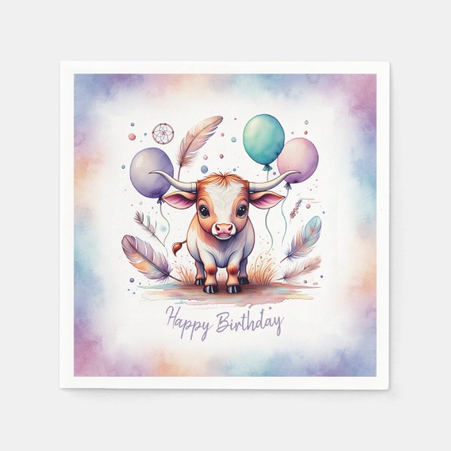 Cute Watercolor Texas Longhorn Balloons Birthday  Napkins (Front)