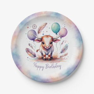 Cute Watercolor Texas Longhorn Balloons Birthday Paper Plates