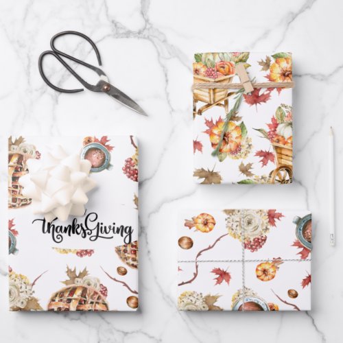 Cute Watercolor Thanksgiving Pattern Three Pack Wrapping Paper Sheets