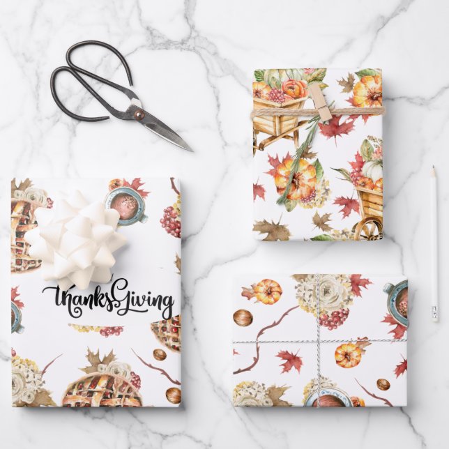 Cute Watercolor Thanksgiving Pattern Three Pack Wrapping Paper Sheets (Front)